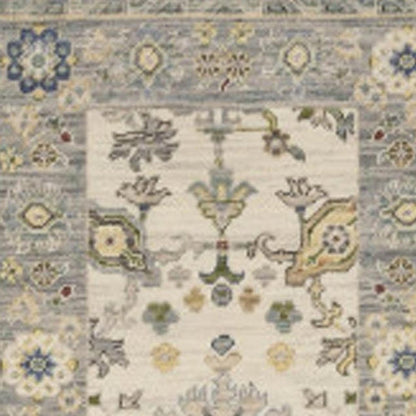 12' Blue And Ivory Genuine Wool Oriental Runner Rug With Fringe