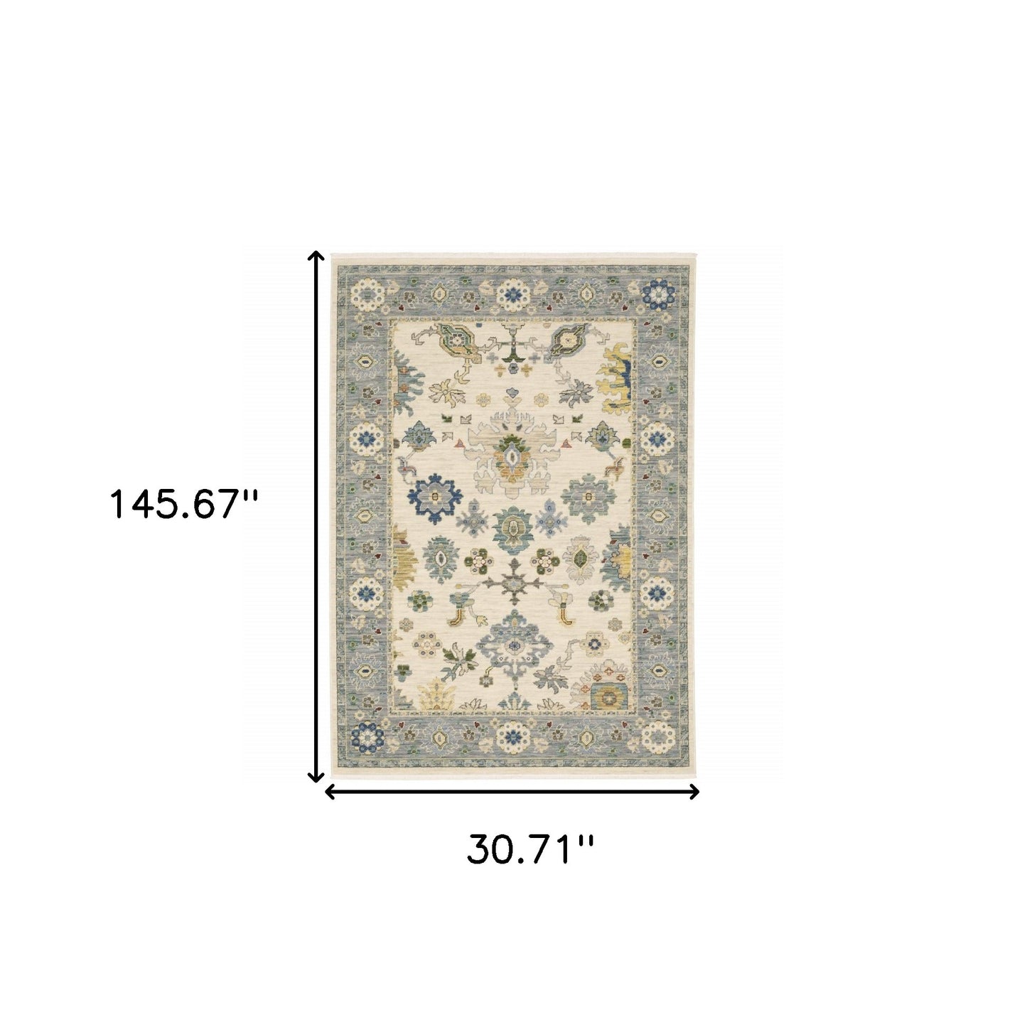 2' X 10' Blue And Ivory Oriental Power Loom Runner Rug With Fringe