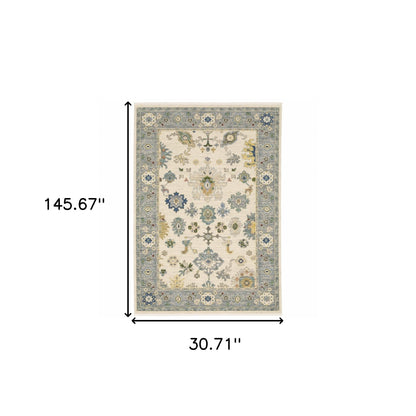 2' X 10' Blue And Ivory Oriental Power Loom Runner Rug With Fringe