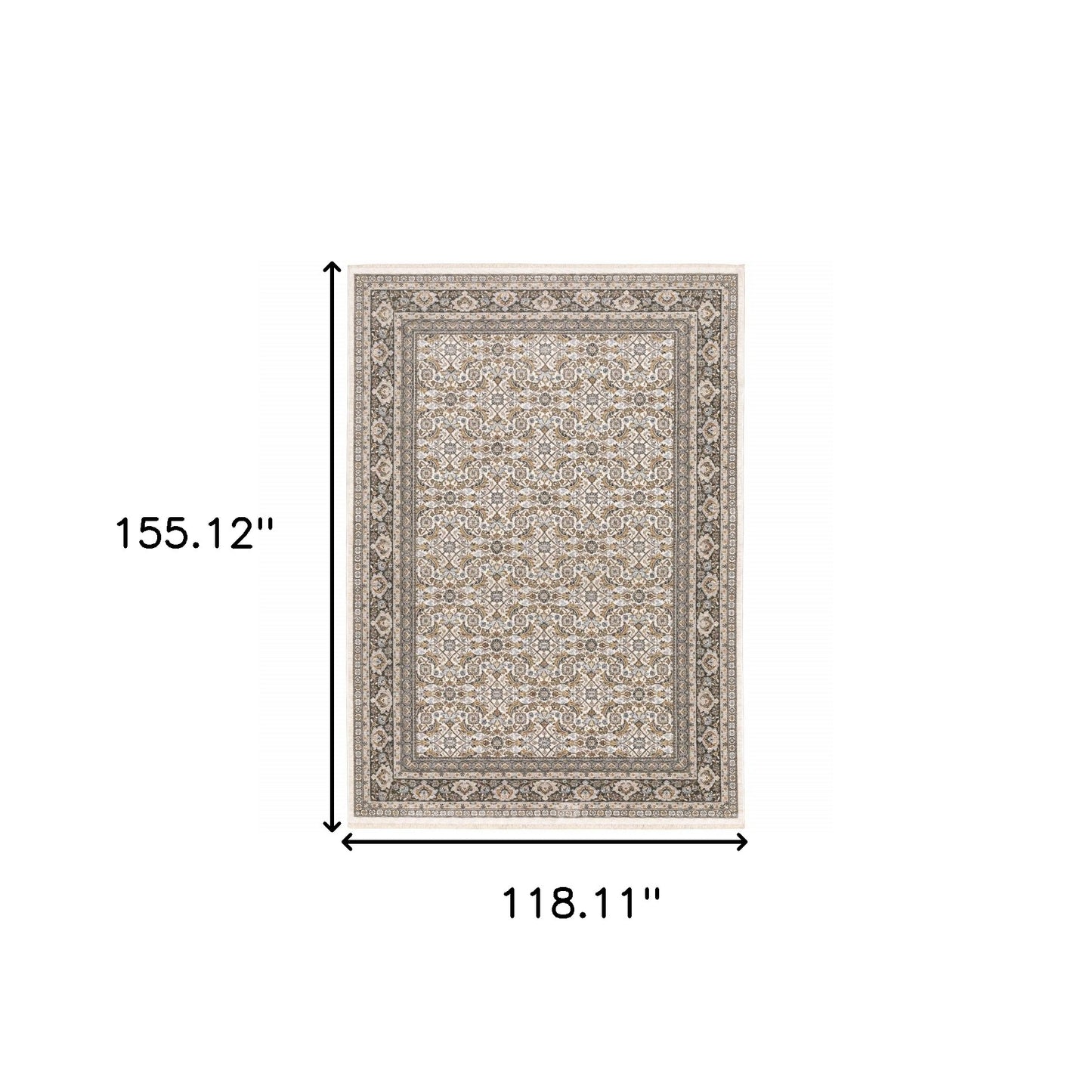 10' X 13' Ivory And Grey Oriental Power Loom Stain Resistant Area Rug With Fringe