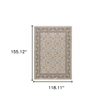 10' X 13' Ivory And Grey Oriental Power Loom Stain Resistant Area Rug With Fringe