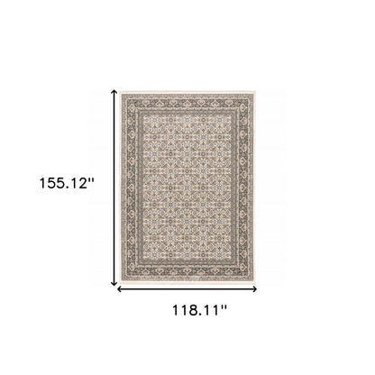 10' X 13' Ivory And Grey Oriental Power Loom Stain Resistant Area Rug With Fringe