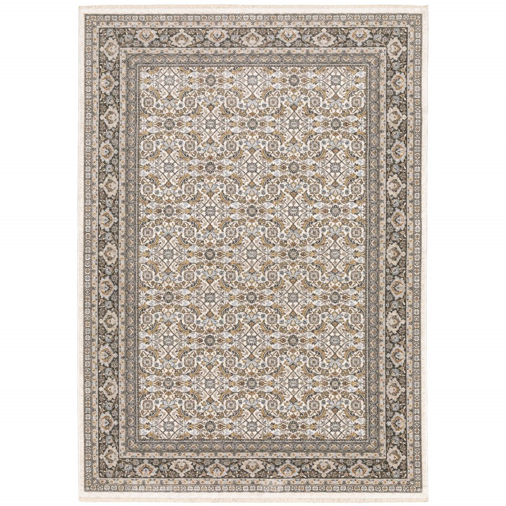 10' X 13' Ivory And Grey Oriental Power Loom Stain Resistant Area Rug With Fringe