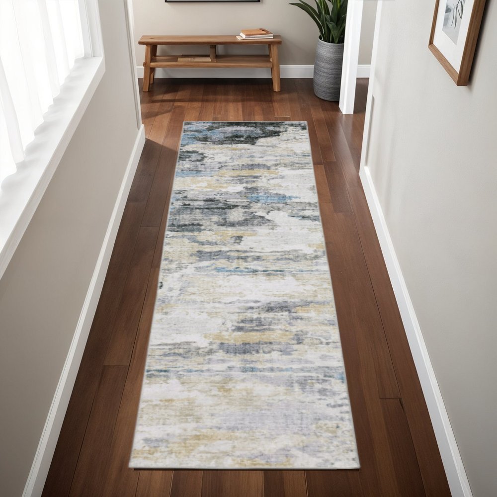 2' X 8' Gray And Ivory Abstract Printed Stain Resistant Non Skid Runner Rug
