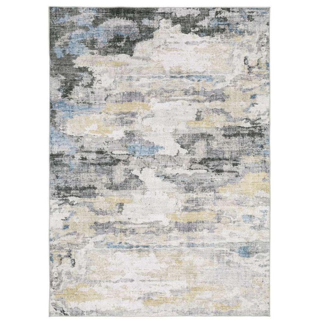 8' X 10' Grey Blue Charcoal Ivory Yellow Beige And Tan Abstract Printed Stain Resistant Non Skid Area Rug