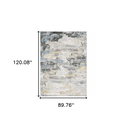 8' X 10' Grey Blue Charcoal Ivory Yellow Beige And Tan Abstract Printed Stain Resistant Non Skid Area Rug