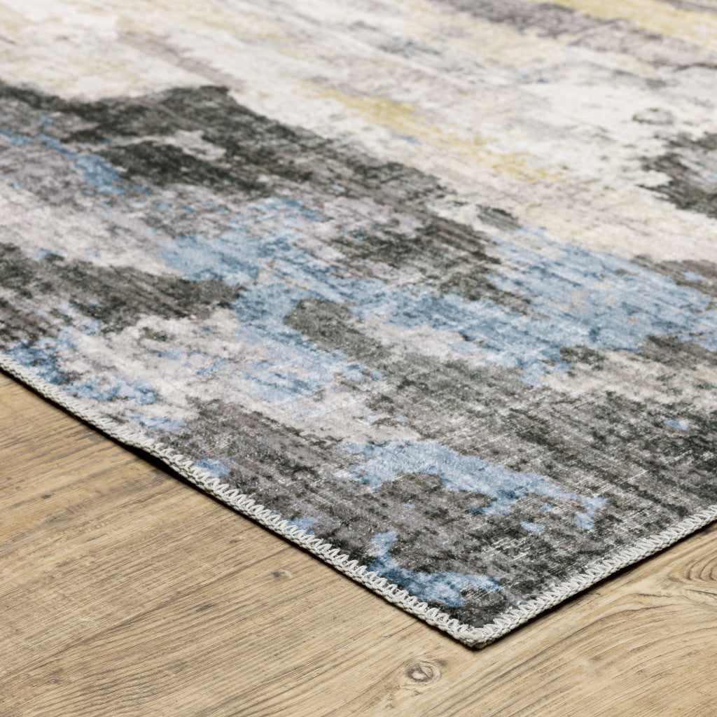 8' X 10' Grey Blue Charcoal Ivory Yellow Beige And Tan Abstract Printed Stain Resistant Non Skid Area Rug