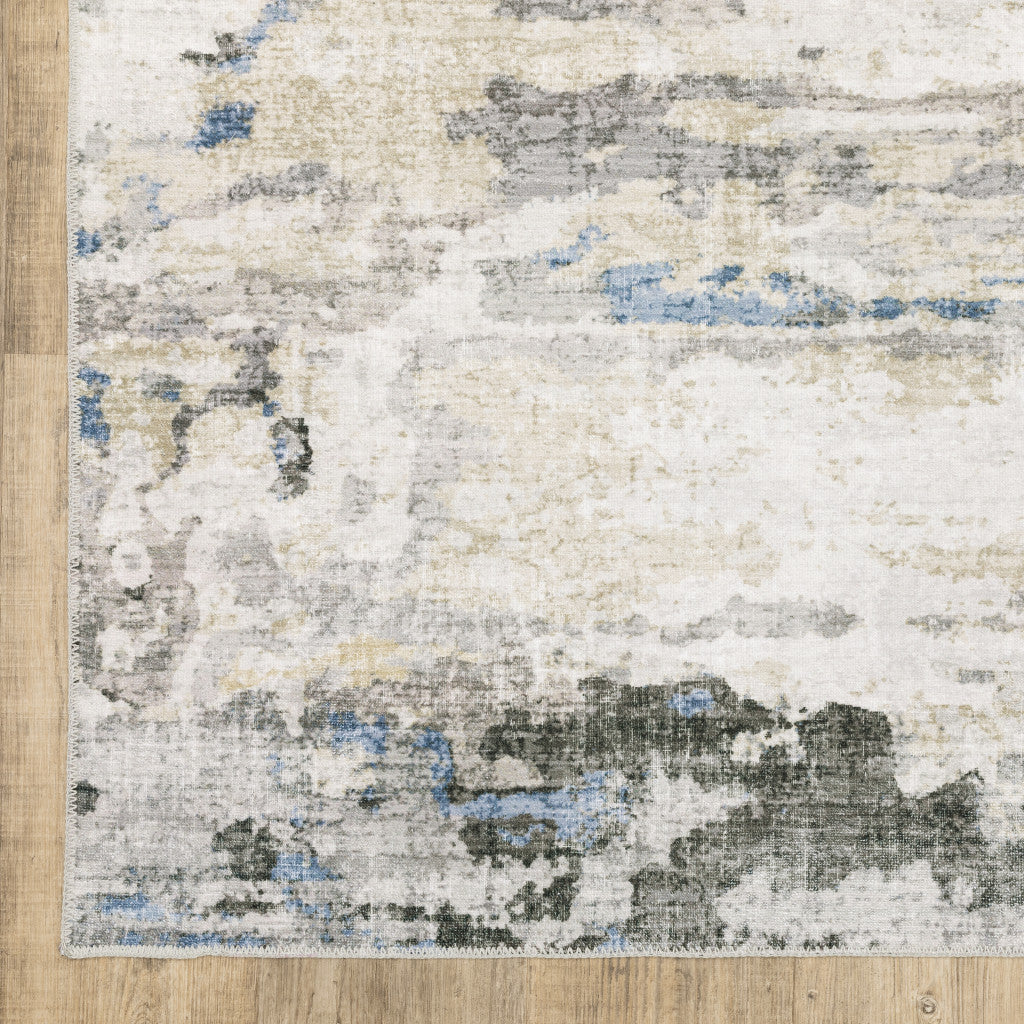 8' X 10' Grey Blue Charcoal Ivory Yellow Beige And Tan Abstract Printed Stain Resistant Non Skid Area Rug