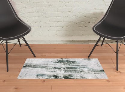 2' X 3' Silver Grey Teal Blue And Charcoal Abstract Printed Stain Resistant Non Skid Area Rug