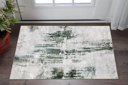2' X 3' Silver Grey Teal Blue And Charcoal Abstract Printed Stain Resistant Non Skid Area Rug