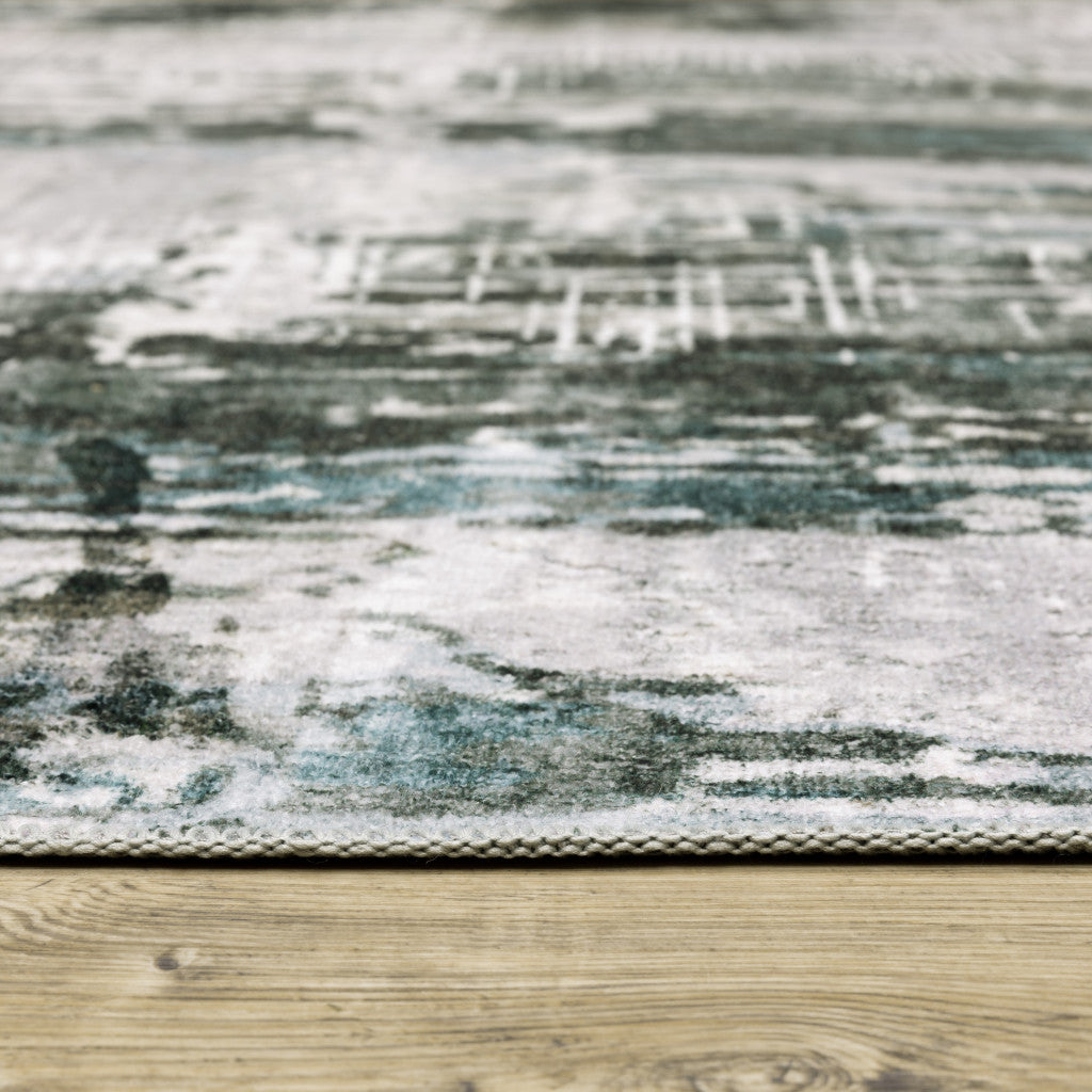 2' X 3' Silver Grey Teal Blue And Charcoal Abstract Printed Stain Resistant Non Skid Area Rug