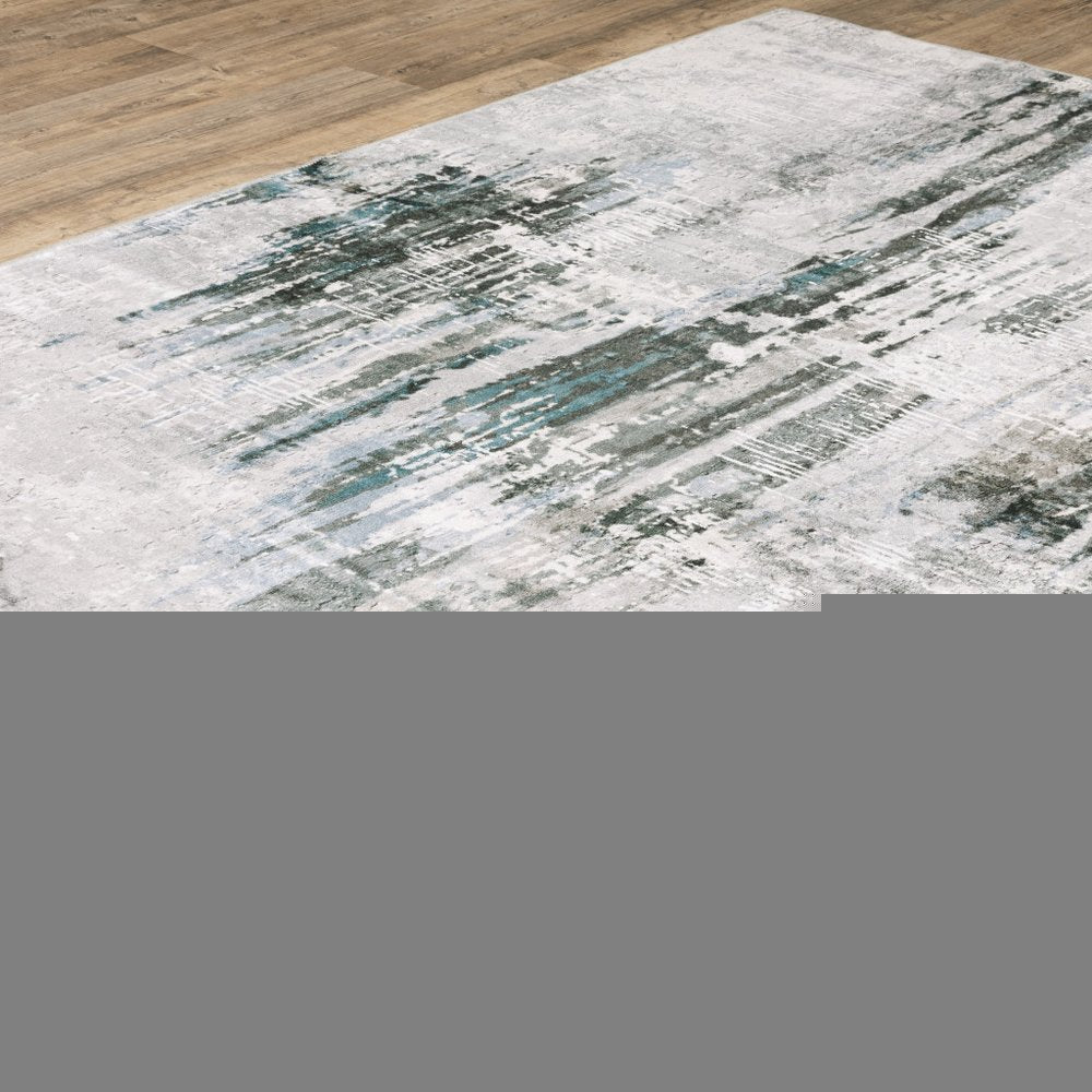 2' X 3' Silver Grey Teal Blue And Charcoal Abstract Printed Stain Resistant Non Skid Area Rug
