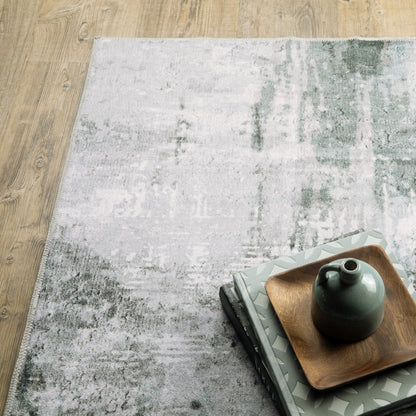 2' X 3' Silver Grey Teal Blue And Charcoal Abstract Printed Stain Resistant Non Skid Area Rug