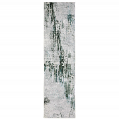 2' X 8' Silver Grey Teal Blue And Charcoal Abstract Printed Stain Resistant Non Skid Runner Rug