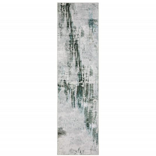 2' X 8' Silver Grey Teal Blue And Charcoal Abstract Printed Stain Resistant Non Skid Runner Rug