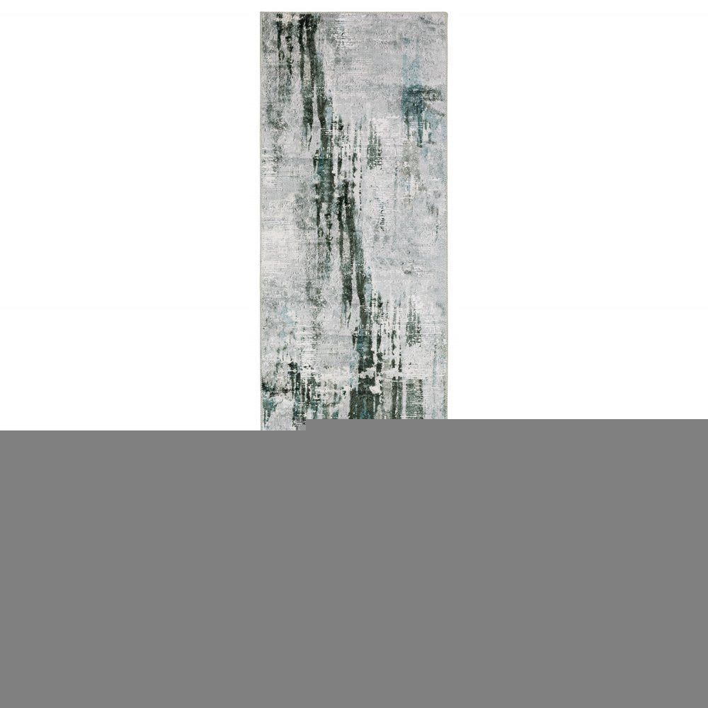 2' X 8' Silver Grey Teal Blue And Charcoal Abstract Printed Stain Resistant Non Skid Runner Rug