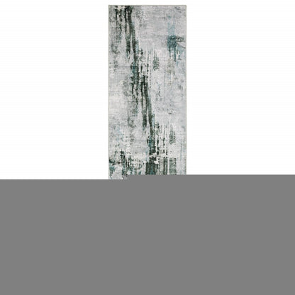 2' X 8' Silver Grey Teal Blue And Charcoal Abstract Printed Stain Resistant Non Skid Runner Rug