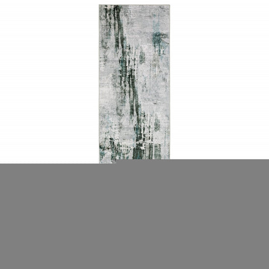 2' X 8' Silver Grey Teal Blue And Charcoal Abstract Printed Stain Resistant Non Skid Runner Rug