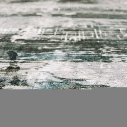 2' X 8' Silver Grey Teal Blue And Charcoal Abstract Printed Stain Resistant Non Skid Runner Rug