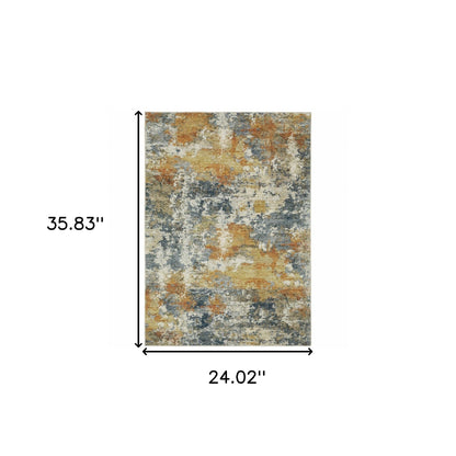 2' X 3' Teal Blue Orange Gold Grey Tan Brown And Beige Abstract Printed Stain Resistant Non Skid Area Rug