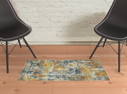 2' X 3' Teal Blue Orange Gold Grey Tan Brown And Beige Abstract Printed Stain Resistant Non Skid Area Rug