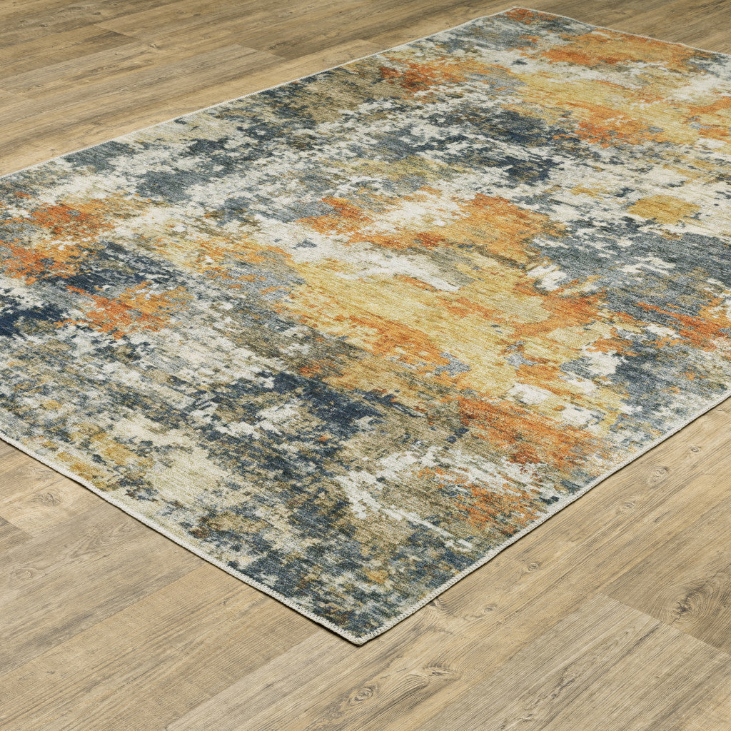 2' X 3' Teal Blue Orange Gold Grey Tan Brown And Beige Abstract Printed Stain Resistant Non Skid Area Rug