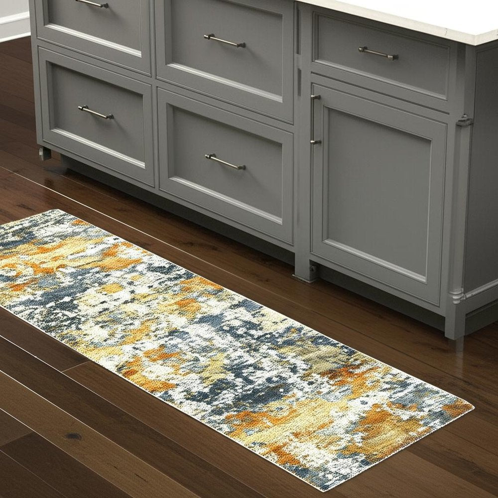 2' X 8' Teal Blue Orange Gold Grey Tan Brown And Beige Abstract Printed Stain Resistant Non Skid Runner Rug