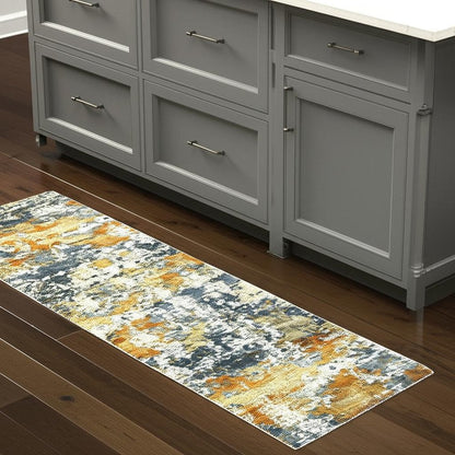 2' X 8' Teal Blue Orange Gold Grey Tan Brown And Beige Abstract Printed Stain Resistant Non Skid Runner Rug