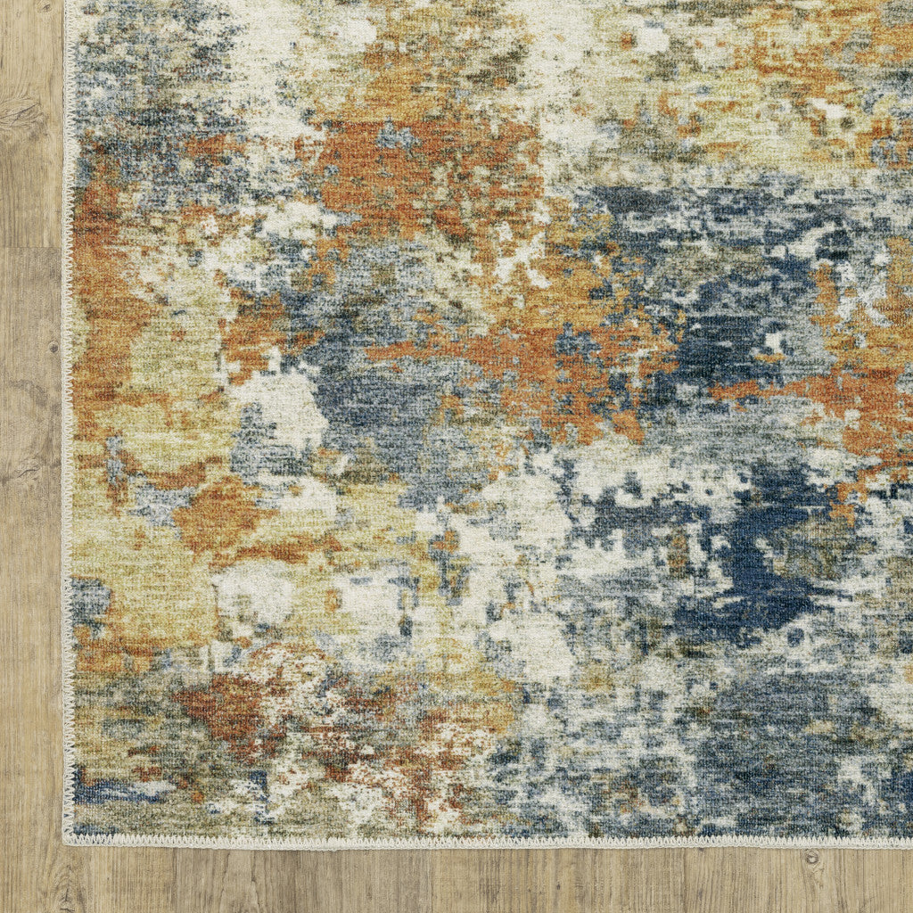 2' X 8' Teal Blue Orange Gold Grey Tan Brown And Beige Abstract Printed Stain Resistant Non Skid Runner Rug