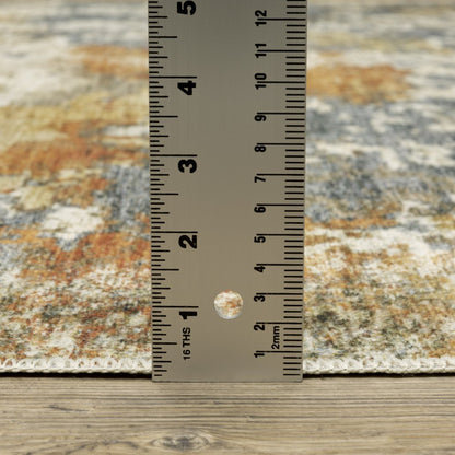 2' X 8' Teal Blue Orange Gold Grey Tan Brown And Beige Abstract Printed Stain Resistant Non Skid Runner Rug
