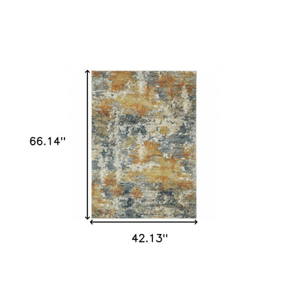 4' X 6' Teal Blue Orange Gold Grey Tan Brown And Beige Abstract Printed Stain Resistant Non Skid Area Rug