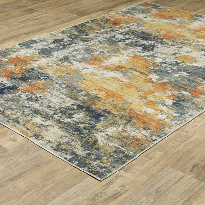 5' X 7' Teal Blue Orange Gold Grey Tan Brown And Beige Abstract Printed Stain Resistant Non Skid Area Rug