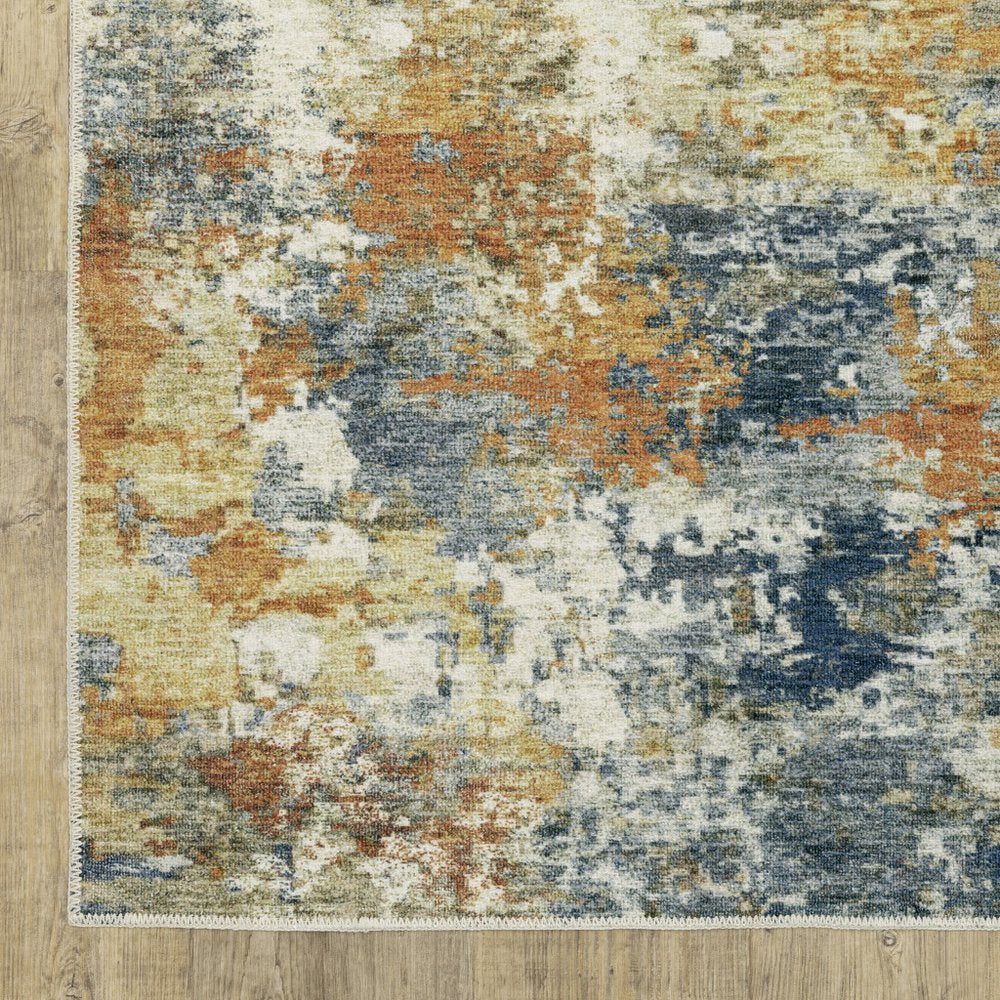 5' X 7' Teal Blue And Gold Abstract Distressed Area Rug