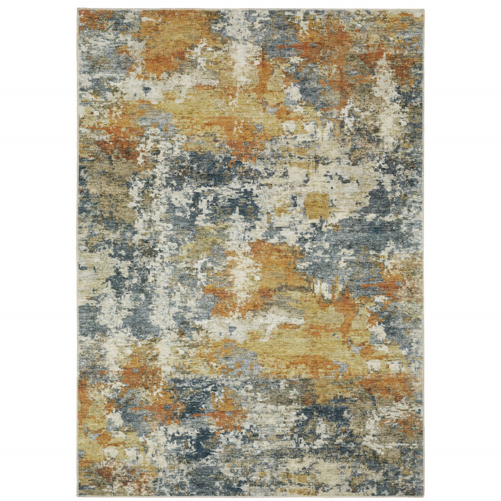 8' X 10' Teal Blue Orange Gold Grey Tan Brown And Beige Abstract Printed Stain Resistant Non Skid Area Rug