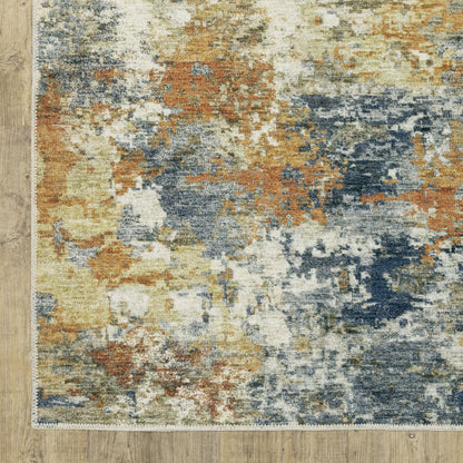 8' X 10' Teal Blue Orange Gold Grey Tan Brown And Beige Abstract Printed Stain Resistant Non Skid Area Rug