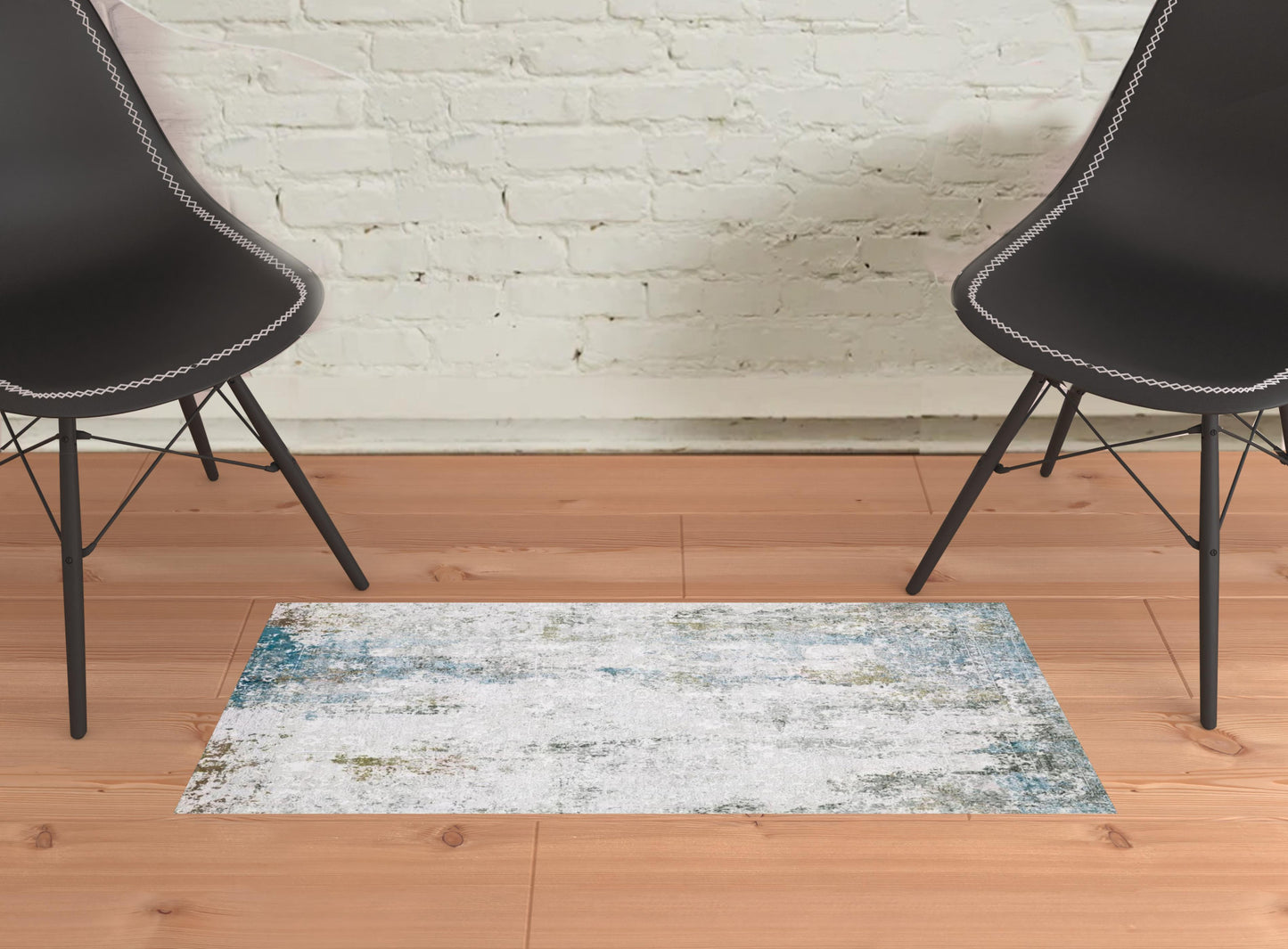 2' X 3' Ivory And Blue Abstract Printed Stain Resistant Non Skid Area Rug