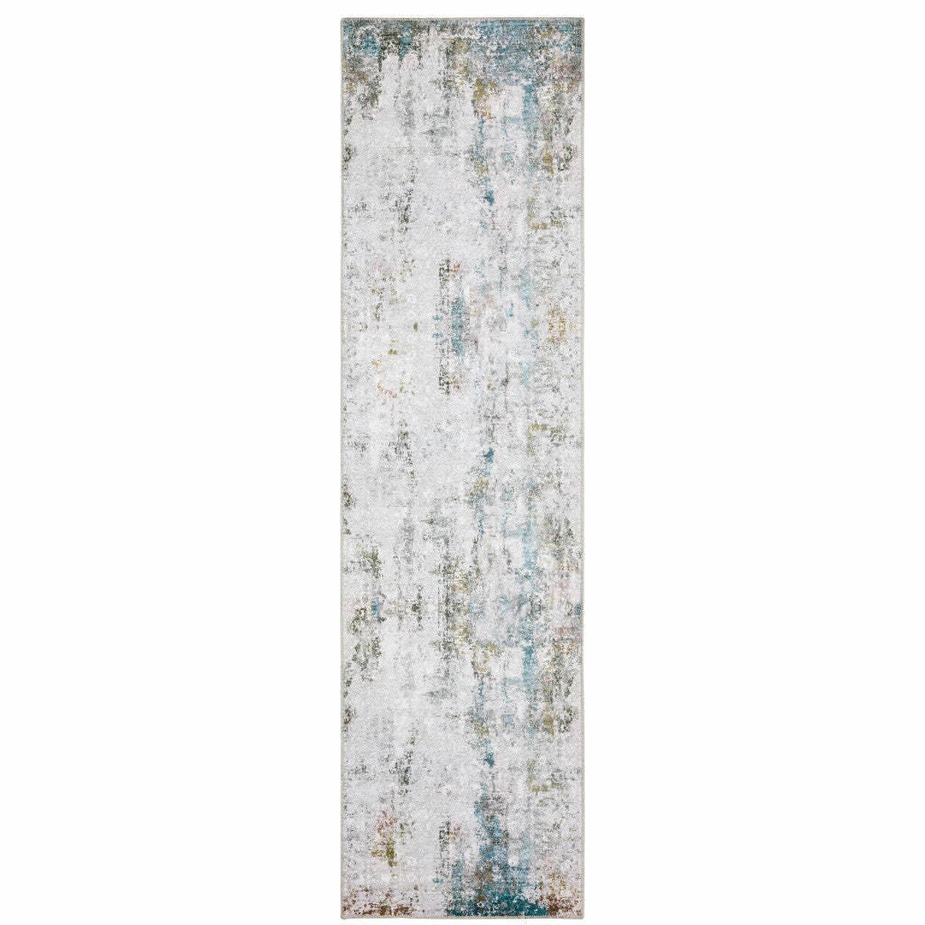 2' X 8' Ivory And Blue Abstract Printed Stain Resistant Non Skid Runner Rug