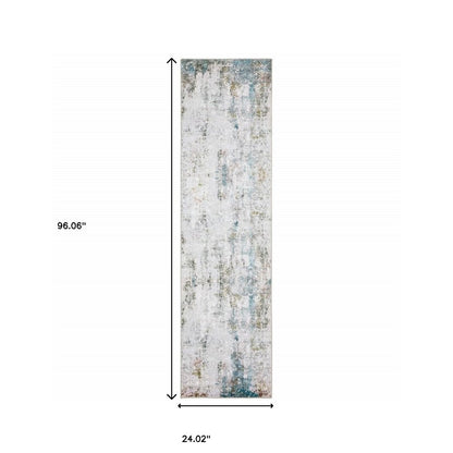 2' X 8' Ivory And Blue Abstract Printed Stain Resistant Non Skid Runner Rug