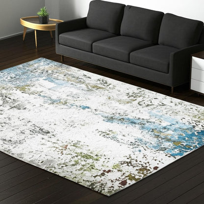 5' X 7' Ivory Teal Blue Grey Brown And Gold Abstract Printed Stain Resistant Non Skid Area Rug