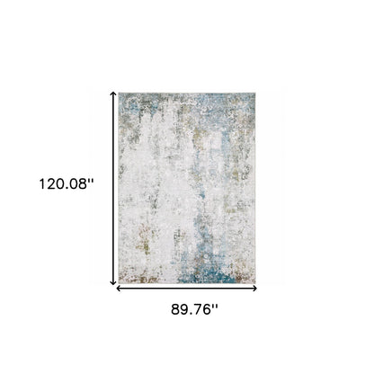 8' X 10' Ivory Teal Blue Grey Brown And Gold Abstract Printed Stain Resistant Non Skid Area Rug