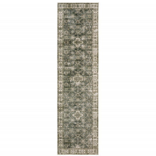 2' X 8' Blue And Beige Oriental Printed Stain Resistant Non Skid Runner Rug