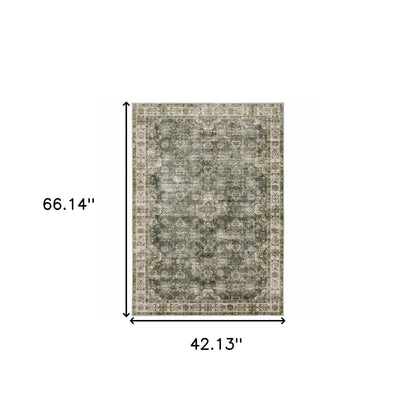 4' X 6' Green Brown Beige Yellow And Olive Oriental Printed Stain Resistant Non Skid Area Rug