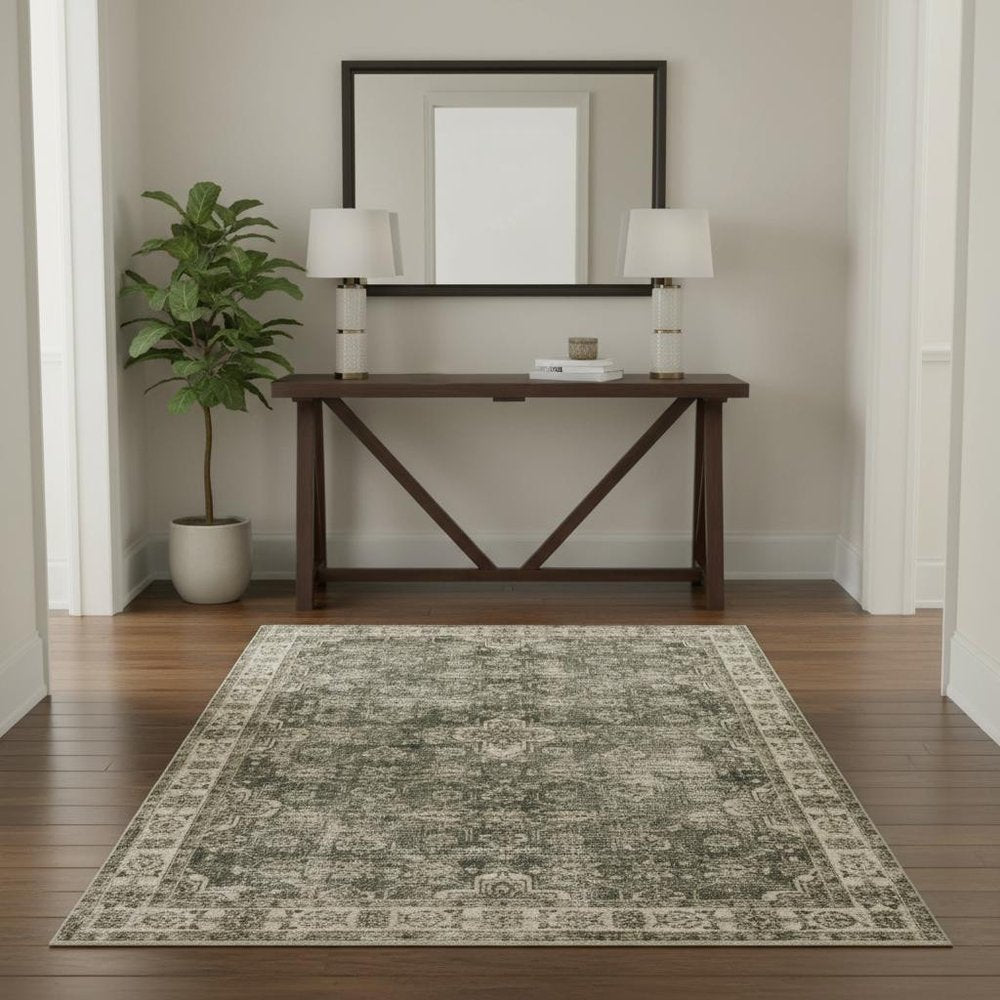 4' X 6' Green Brown Beige Yellow And Olive Oriental Printed Stain Resistant Non Skid Area Rug