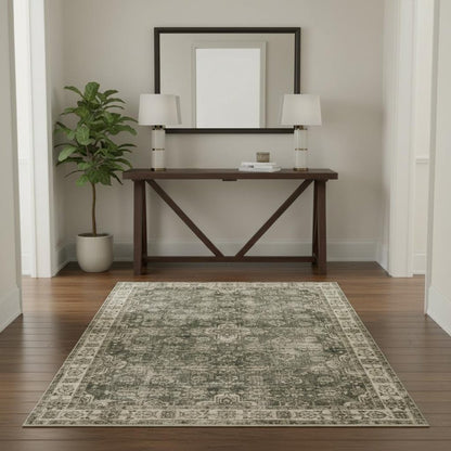 4' X 6' Green Brown Beige Yellow And Olive Oriental Printed Stain Resistant Non Skid Area Rug