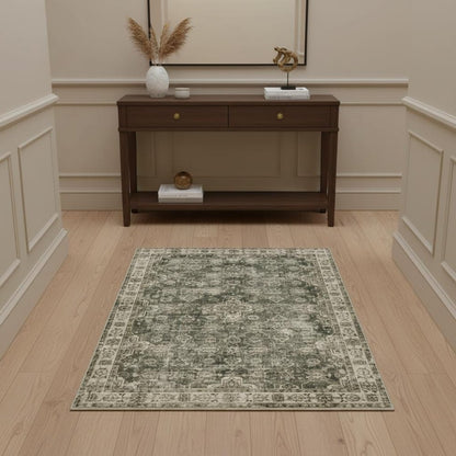4' X 6' Green Brown Beige Yellow And Olive Oriental Printed Stain Resistant Non Skid Area Rug