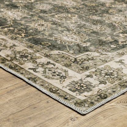 4' X 6' Green Brown Beige Yellow And Olive Oriental Printed Stain Resistant Non Skid Area Rug