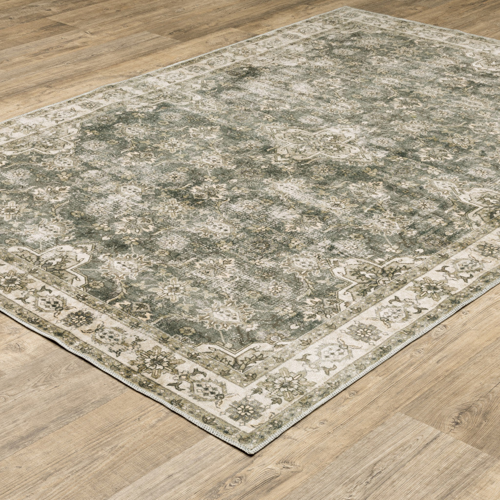 4' X 6' Green Brown Beige Yellow And Olive Oriental Printed Stain Resistant Non Skid Area Rug