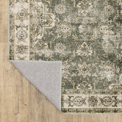 4' X 6' Green Brown Beige Yellow And Olive Oriental Printed Stain Resistant Non Skid Area Rug