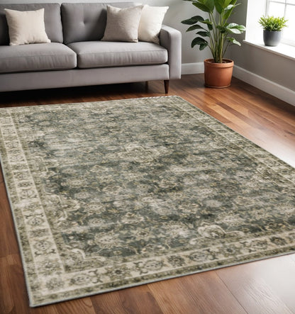 5' X 7' Blue And Beige Oriental Printed Stain Resistant Non Skid Area Rug