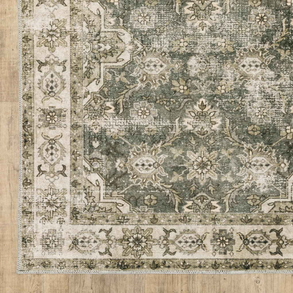 5' X 7' Blue And Beige Oriental Printed Stain Resistant Non Skid Area Rug